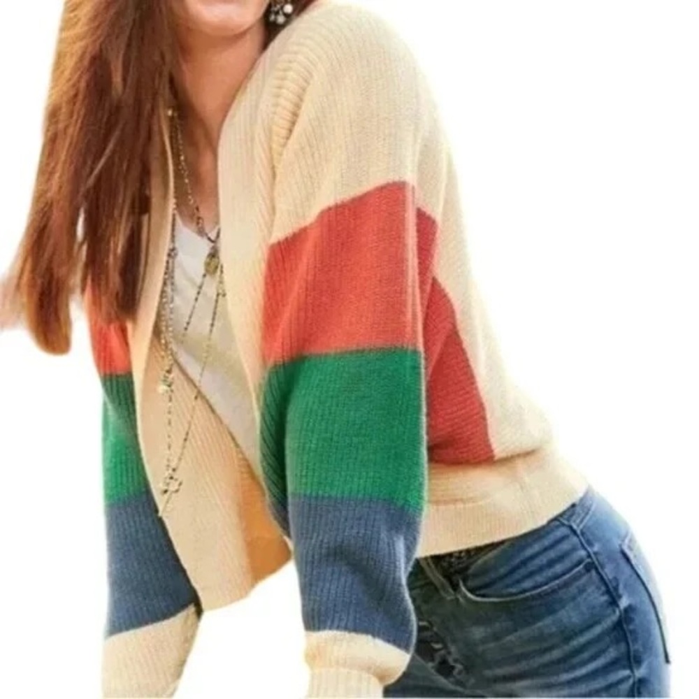 Cabi Trio Sweater in Ivory Red Green and Blue Size: Small